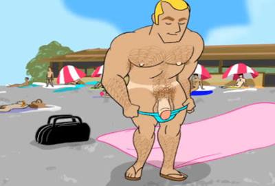 Cartoon Gay com Macho em Surubão na Praia